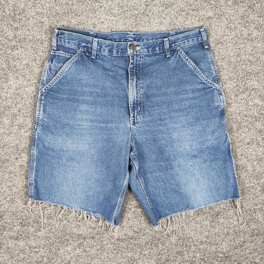 Carhartt Shorts Mens 36 Blue Denim Carpenter Cargo Workwear Cutoff Frayed Hem